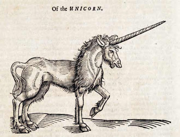 Black and white antique illustration of a unicorn