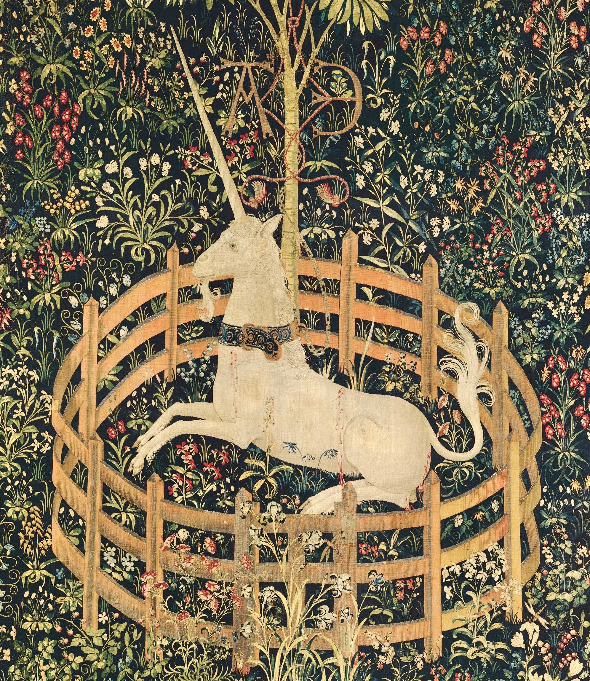<img src= "The Unicorn in Captivity.jpg" alt= "Tapestry of a unicorn captured within a fence"